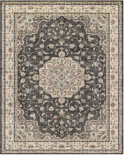 HUGEAR Machine Washable Area Rugs 8x10 Vintage Black Large Living Room Bedroom Rug Neutral Style Non Slip Stain Resistant Low Pile Throw Carpet for Home Retro Aesthetic Modern Decor