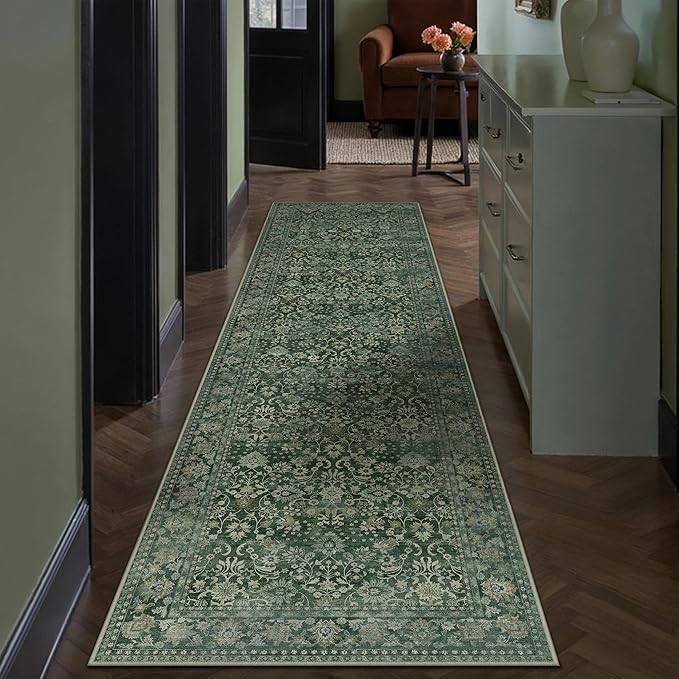 HUGEAR 2x8 Runner Rug Machine Washable Dark Green Hallway Area Rug Indoor Floral Low Pile Carpet Soft Throw Rugs Bedroom Living Room Office Dining Kitchen Laundry Non Slip