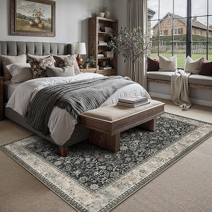 HUGEAR 6x9 Machine Washable Rugs Black Beige Hallway Large Area Rug Indoor Accent Rug Floral Low Pile Carpet Soft Throw Aesthetic Rug Bedroom Living Room Office Dining Room Laundry Room