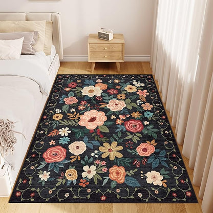 DUKINO 3x5 Area Rug, Floral Rugs for Living Room, Lightweight Non Slip Washable Rug, Indoor Low Pile & Non-Shedding Boho Design Rugs for Bedroom, Living Room, Dining Room, Black