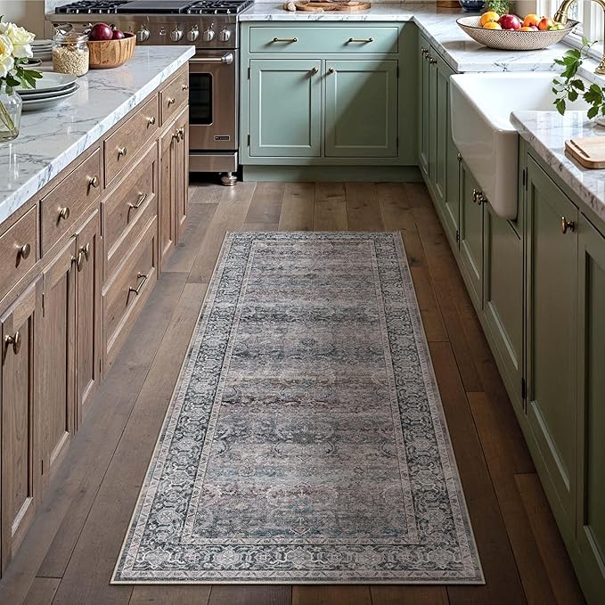 HUGEAR 2x6 Runner Rug Non Slip Washable Area Rug Purple Vintage Neutral Distressed Carpet Soft Low Pile Pet Friendly for Bedside Bathroom Kitchen Hallway Porch