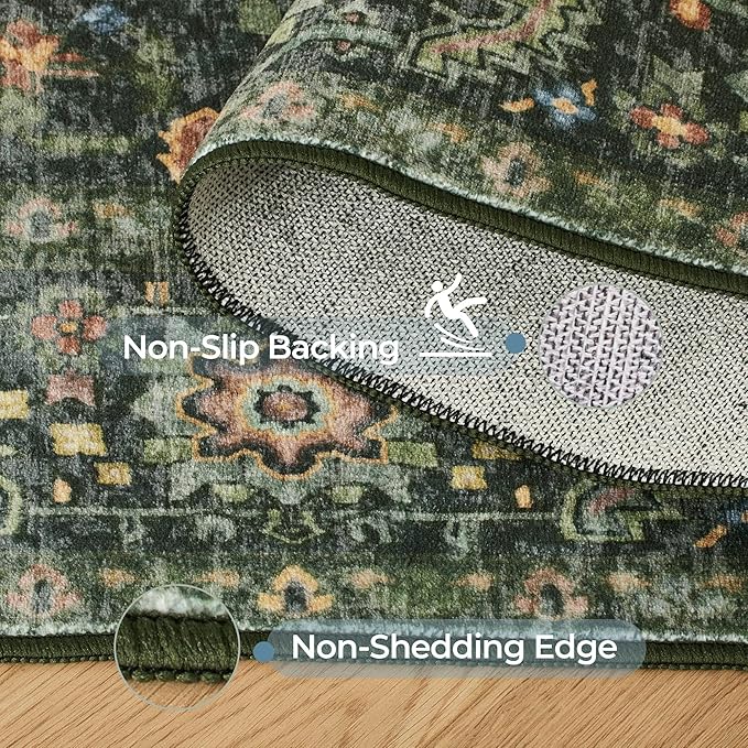 Kokia 6x9 Washable Area Rugs Dark Green with Vintage Orient Design Soft Rug for Living Room or Home Office Non-Slip Low Pile Stain Resistance Features Distressed Medallion Pattern