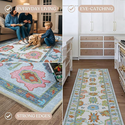 Fame Living Colorful Oushak Runner Rug, Modern Runners, Vintage, Turkish, Eclectic, Floral, Pastel, Washable, Long Runner Rugs for Hallway, Kitchen, Living Room, Bedroom, Kitchen, Bathroom, 2'5"x13'