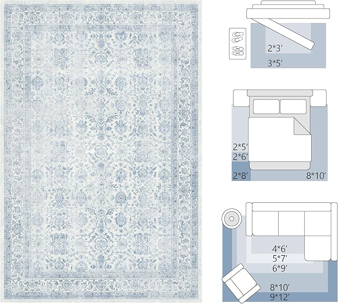 FMFUNCTEX 4x6 Washable Area Rug Blue Neutral Vintage Non Slip Low Pile Traditional Indoor Carpet for Entryway Living Room Bedroom Soft Retro Floral Mat Throw Rug for Dining Office Kitchen Entryway