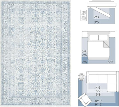 FMFUNCTEX 4x6 Washable Area Rug Blue Neutral Vintage Non Slip Low Pile Traditional Indoor Carpet for Entryway Living Room Bedroom Soft Retro Floral Mat Throw Rug for Dining Office Kitchen Entryway