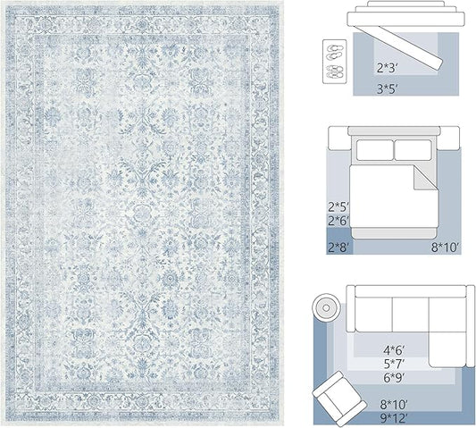 FMFUNCTEX 4x6 Washable Area Rug Blue Neutral Vintage Non Slip Low Pile Traditional Indoor Carpet for Entryway Living Room Bedroom Soft Retro Floral Mat Throw Rug for Dining Office Kitchen Entryway