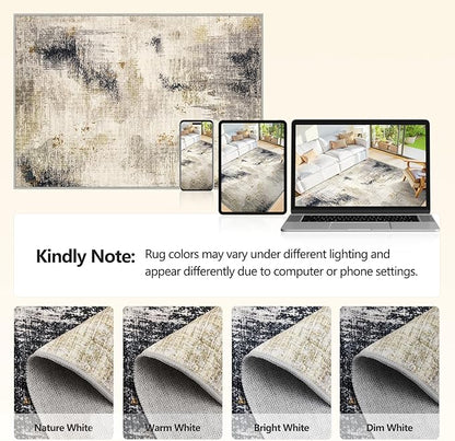 7x9 Washable Area Rugs - Modern Abstract Rugs for Living Room Non-Slip Low Pile Soft Machine Washable Carpet for Bedroom, Dining Room, Nursery, Home Office, Farmhouse (7'x9' Beige Tan)