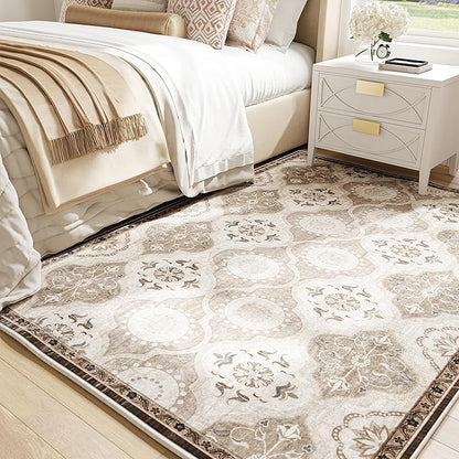 EnHomee Washable Area Rugs 4x6, Soft Area Rug for Living Room Bedroom, Boho Non Slip Low Pile Stain Resistant Washable Rug Large Carpet for Dining Room,Easy to Clean Living Room Rug, Khaki
