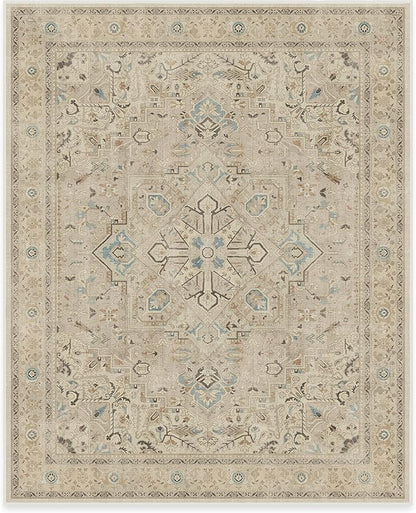 RUGGABLE Washable Vintage Area Rug – Kamran Ivory Opal 8x10, Stain-Resistant, Non-Slip – Large Machine Washable Rugs for Living Room, Bedroom, Hallway, Entryway & Office–with Cushioned Pad