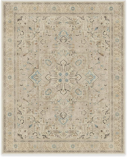 RUGGABLE Washable Vintage Area Rug – Kamran Ivory Opal 8x10, Stain-Resistant, Non-Slip – Large Machine Washable Rugs for Living Room, Bedroom, Hallway, Entryway & Office–with Standard Pad