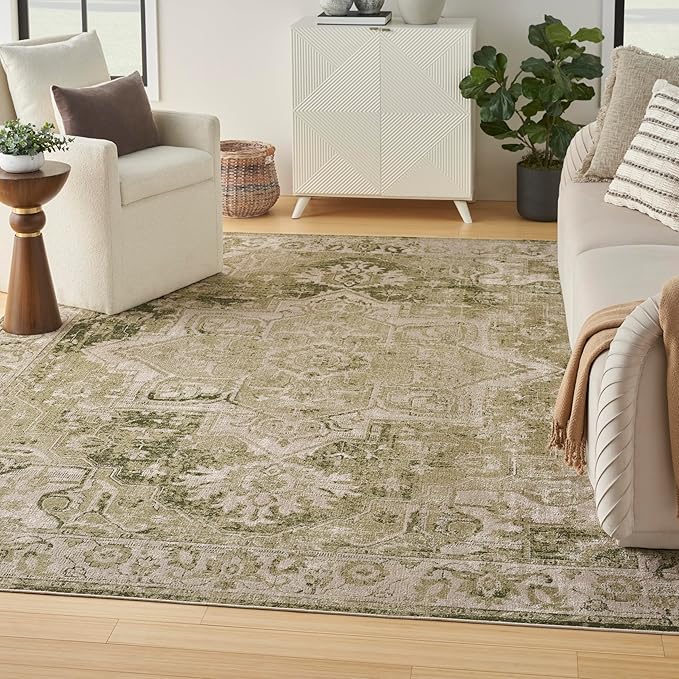 Nourison Home Astra Machine Washable Ivory Green 6'7" x 9' Area Rug - Easy Clean, Non Shedding, Bed Room, Living Room, Dining Room, Kitchen (7' x 9')