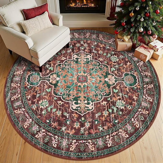 U'Artlines Boho Vintage Round Area Rug 6ft Machine Washable Low Pile Soft Floor Carpet Non Slip Non Shedding Accent Rug for Living Room Bedroom Entryway Dining Room Office Rust＆Teal