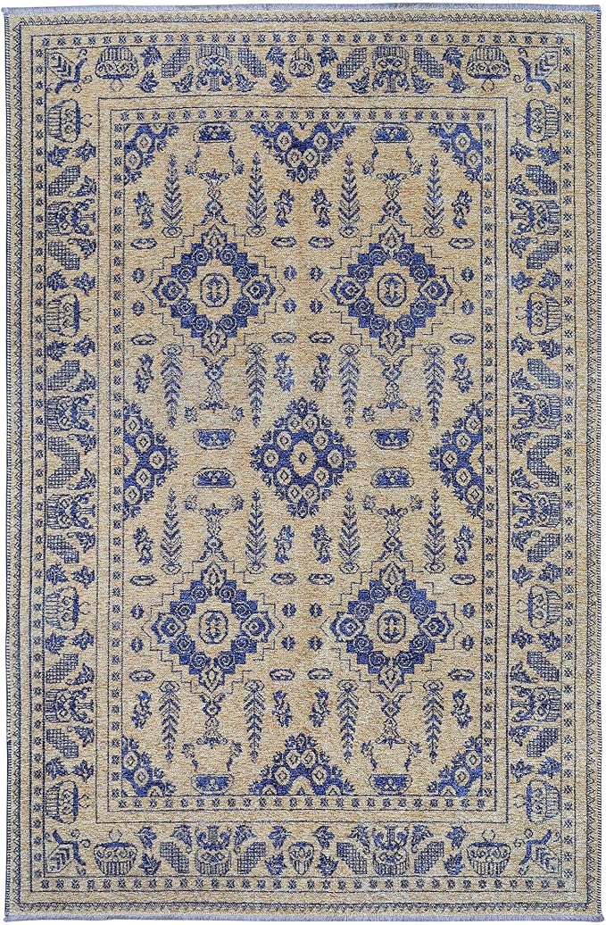 Alfa Rich 7x10 Gold Navy Blue Washable Area Rugs for Living Room Bedroom Kitchen Dining Cotton Rug