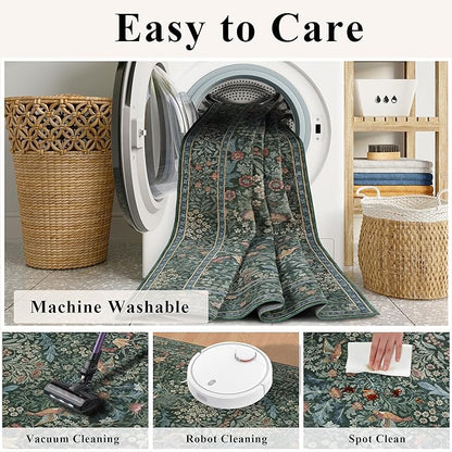 9x12 Floral Washable Area Rug for Living Room, Vintage Boho Large Rugs for Bedroom Dining Room, Botanical Birds Non Slip Low Pile Forest Throw Carpet for Farmhouse Office, Retro Green/Blue