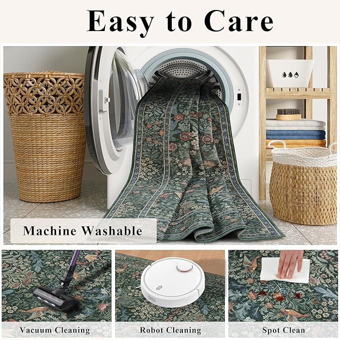 4ft Round Area Rugs for Living Room, Washable Floral Circle Rug Non Slip Low Pile, Vintage Boho Botanical Birds Throw Carpet for Farmhouse, Bedroom, Dining Room, Retro Green/Blue