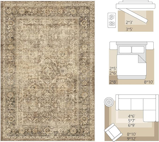 FMFUNCTEX 4x5 Washable Area Rug Neutral Vintage Brown Non Slip Low Pile Traditional Indoor Carpet for Entryway Living Room Bedroom Soft Retro Floral Mat Throw Rug for Dining Office Kitchen Entryway
