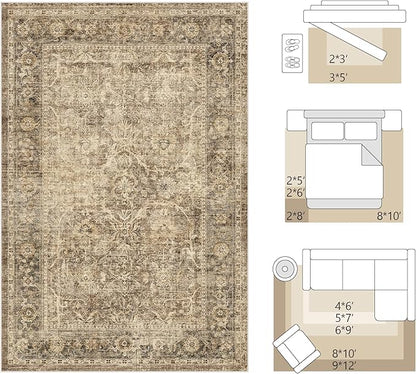 Fmfunctex 2x6 Runner Rug Brown Vintage Neutral Washable Distressed Non Slip Low Pile Indoor Carpet Soft Retro Floral Hallway Entryway Rug for Kitchen Living Room Bedroom Bathroom Laundry Entry Bedside