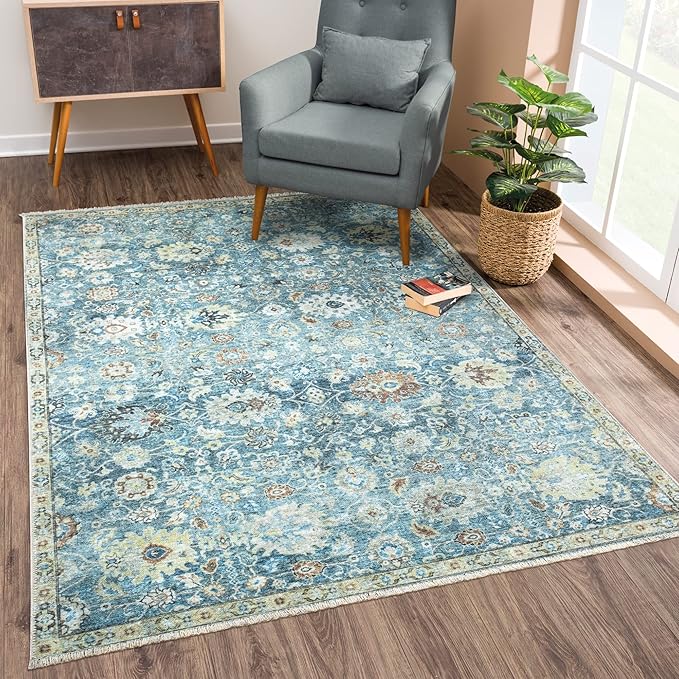 Bloom Rugs Caria Washable Non-Slip 8x10 Rug - Blue/Beige Traditional Area Rug for Living Room, Bedroom, Dining Room, and Kitchen - Exact Size: 7'8" x 10'