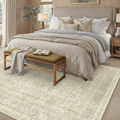 Vintage Area Rug 9x12 Beige Washable Living Room Large Carpet Non Slip Bedroom Indoor Office Low Pile Traditional Distressed Retro Accent Rug for Dining Room
