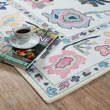 Fame Living Colorful Oushak Rug, Modern Small Rugs, Vintage, Turkish, Eclectic, Floral, Pastel, Washable, Door Mat, Doormat for Indoor Entrance, Entryway, Kitchen, Bathroom, Bedroom, Laundry, 2'x3'