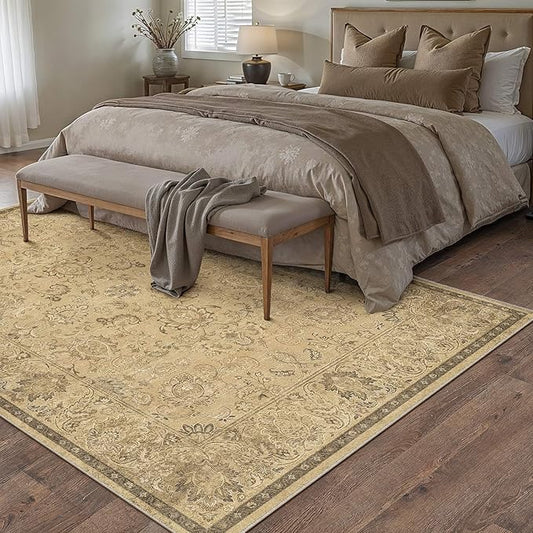 HUGEAR 3x5 Machine Washable Area Rugs Vintage Brown - Neutral Non Slip Stain Resistant Low Pile Aesthetic Throw Carpet Kids & Pet Friendly for Living Room Kitchen Dining Room Laundry