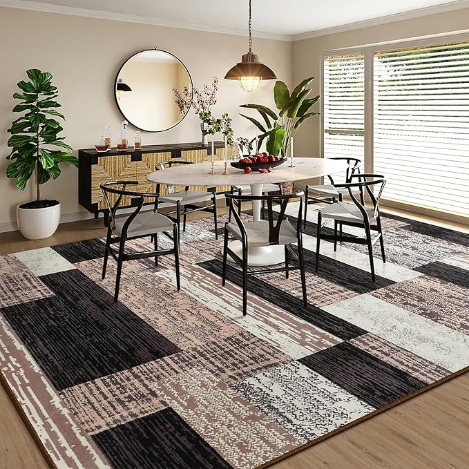 Large Area Rugs,Modern Geometric Patchwork Floor Decor for Bedroom Aesthetic Carpet, Rockwood Collection, Indoor Rugs for Living Room Dining Room Nursery Office Machine Washable Rug, 8x10 Ft Chocolate