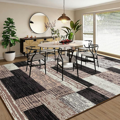 Large Area Rugs,Modern Geometric Patchwork Floor Decor for Bedroom Aesthetic Carpet, Rockwood Collection, Indoor Rugs for Living Room Dining Room Nursery Office Machine Washable Rug, 8x10 Ft Chocolate