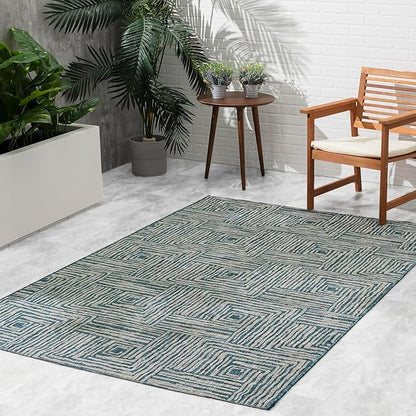 FH Home Outdoor Rug - Waterproof Easy to Clean Stain Resistant - Patio Indoor Outdoor Porch Deck Balcony Entryway - Geometric Modern - Budapest - Aqua - 5ft 2in x 7ft 6in