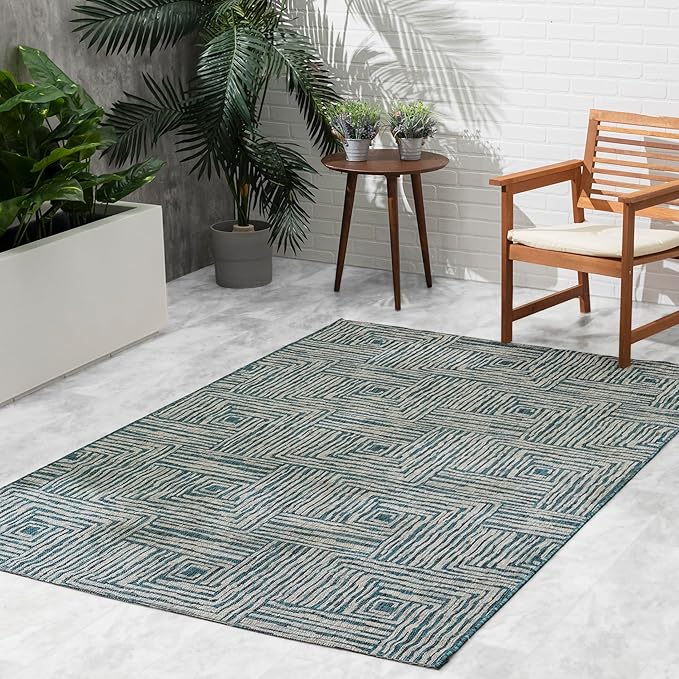 FH Home Outdoor Rug - Waterproof Easy to Clean Stain Resistant - Patio Indoor Outdoor Porch Deck Balcony Entryway - Geometric Modern - Budapest - Aqua - 7ft 8in x 9ft 8in