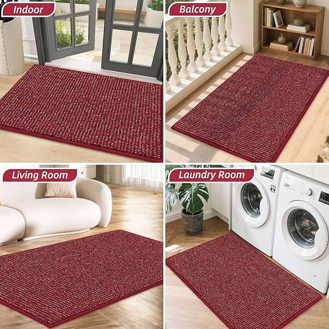 BEQHAUSE Dirt Trapper Door Mat 24" x 36", Non-Slip Washable Doormats Entrance Mat, Dirt Resistant and Absorbent Welcome Mat, Low Profile Floor Mats for Front Back Door and Entryway, Red