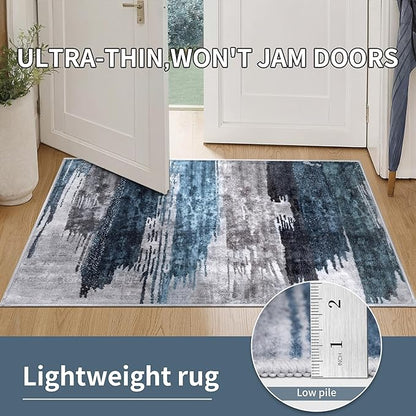Ciicool Modern Abstract Deep Blue Gray Rug for Living Room, 9'x12' Machine Washable Area Rug Non-Slip Rug, Low-Pile Contemporary Indoor Dining Floor Carpet for Bedroom Office Under Table Home Decor