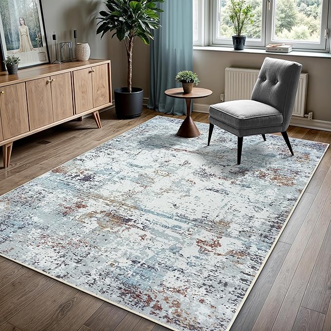 GLN Rugs Contemporary Collection - Machine Washable Area Rug, Contemporary Washable, Non Slip, Low Pile Chenille Rug, Living Room, Bedroom, Kitchen Rug (6' x 9' White/Grey/Blue/Brown)