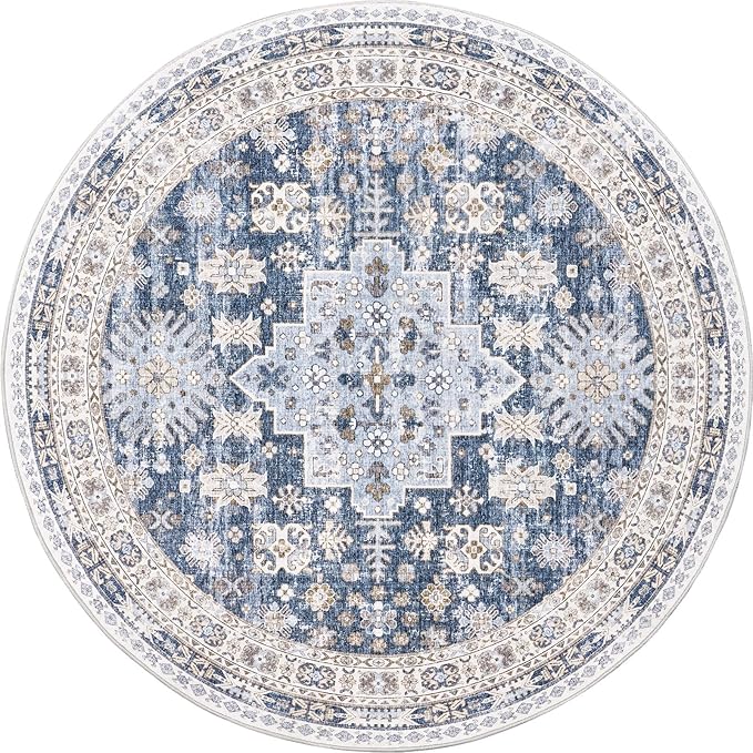 zesthome 8ft Round Rugs for Living Room, Non-Slip Washable Round Area Rugs, Ultra-Thin Large Circle Rugs, Soft Low Pile Rug for Bedroom, Kitchen - Vintage Stain Resistant Round Rug (Blue/Beige,8'x8')