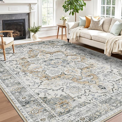 LUMI Washable Area Rug 5x8 for Living Room, Ultra Soft Stain Resistant Carpet with Non Slip Rubber Backing, Non-Shedding Low Pile Rugs for Bedroom, Dining Room, Indoor, Office