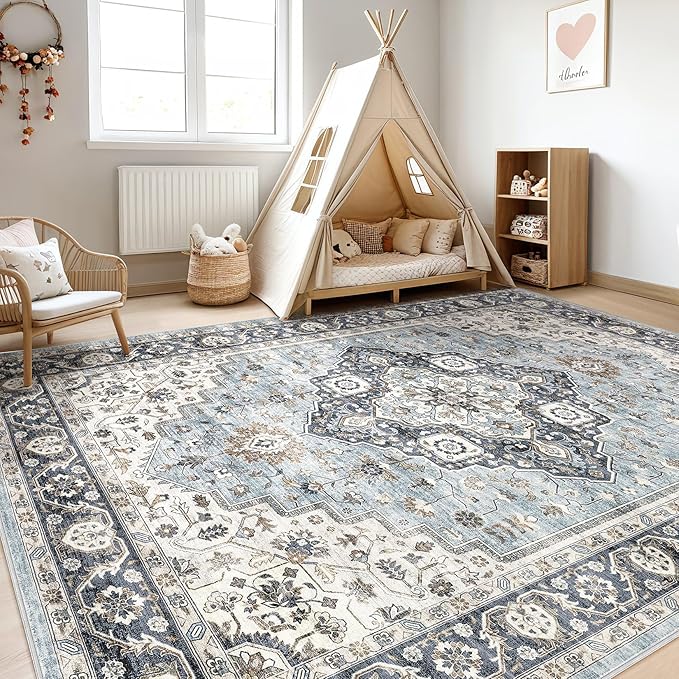 8x10 Area Rugs Living Room: Washable Boho Large Neutral Vintage Soft Rug Stain Resistant Farmhouse Non-Slip Indoor Floor Carpet for Bedroom Nursery Kids Office Dining Room Home House- Blue Tan