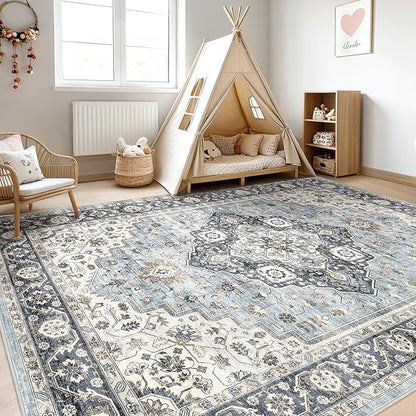 8x10 Area Rugs Living Room: Washable Boho Large Neutral Vintage Soft Rug Stain Resistant Farmhouse Non-Slip Indoor Floor Carpet for Bedroom Nursery Kids Office Dining Room Home House- Blue Tan