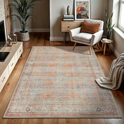 GLN Rugs Traditional Collection - Machine Washable Area Rug, Traditional Washable, Non Slip, Low Pile Chenille Rug, Living Room, Bedroom, Kitchen Rug (6' x 9' Terra/Multicolor 1153)