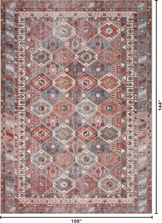 Kuden 9x12 Large Area Rug, Machine Washable Area Rug with Non-Slip Backing, Vintage Style, Soft, Easy Clean, Low Pile Rug for Living Room, Bedroom, Dining Room