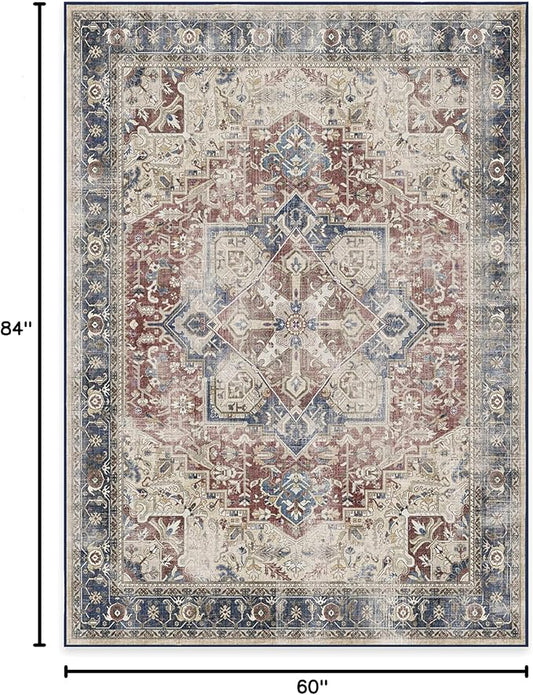 RUGGABLE Washable Vintage Area Rug – Kamran Royal Blue 5x7, Stain-Resistant, Non-Slip – Medium Machine Washable Rugs for Living Room, Bedroom, Hallway, Entryway & Office–with Standard Pad
