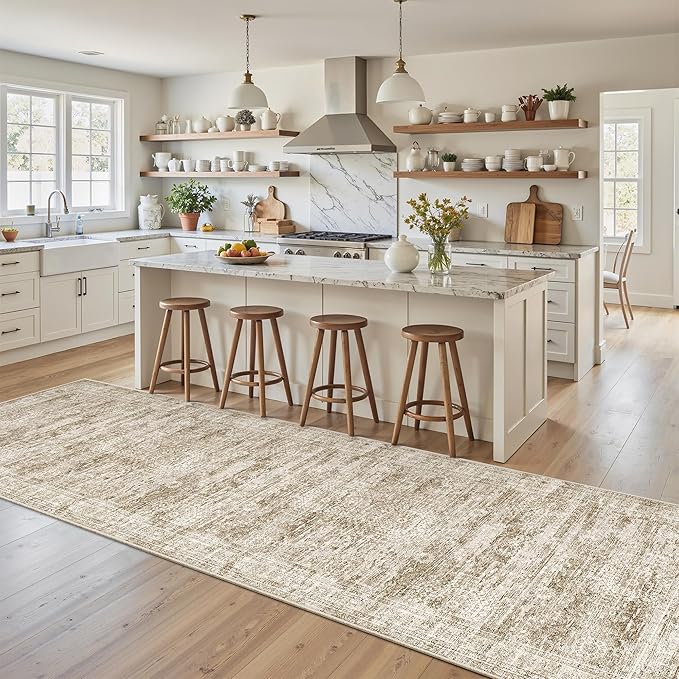 Washable Runner Rug, 2'6" x 8' Non-Slip Kitchen Vintage Foldable Hallway Runners for Entryway, Laundry, Bedroom, Brown