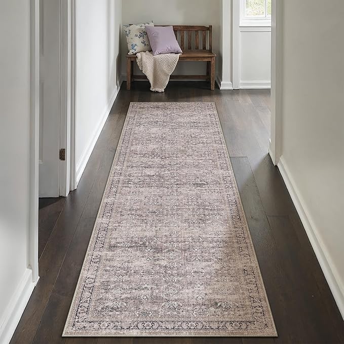 2x8 Purple Area Rug Runners for Hallways Washable Vintage Distressed Carpet Low Pile Non Slip Indoor Retro Soft Long Accent Rug Bedroom Kitchen Bathroom Laundry Dining Living Room