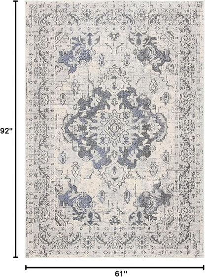 SAFAVIEH Monaco Collection Area Rug - 5'1" x 7'7", Ivory & Grey, Boho Chic Medallion Distressed Design, Non-Shedding & Easy Care, Ideal for High Traffic Areas in Living Room, Bedroom (MNC243B)