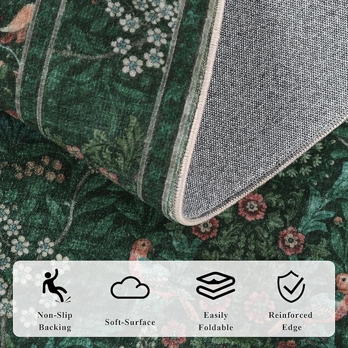 9x12 Floral Washable Area Rugs for Living Room, Vintage Boho Large Rug for Bedroom Dining Room， Distressed Botanical Birds Non Slip Low Pile Animal Throw Carpet for Farmhouse Office, Bright Green
