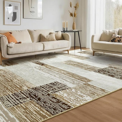 Large Area Rugs,Modern Geometric Patchwork Floor Decor for Bedroom Aesthetic Carpet, Rockwood Collection, Indoor Rugs for Living Room, Dining Room, Nursery, Office, Machine Washable Rug,9x12 Ft Beige