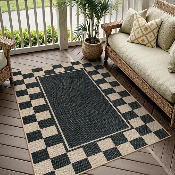 Moynesa Easy Jute Rug Checkered Outdoor Patio Rug 3x5, Washable Rugs for Entryway Non Slip Bordered, Indoor Outdoor Carpet for Living Room Bedroom Kitchen Farmhouse Backyard, Black