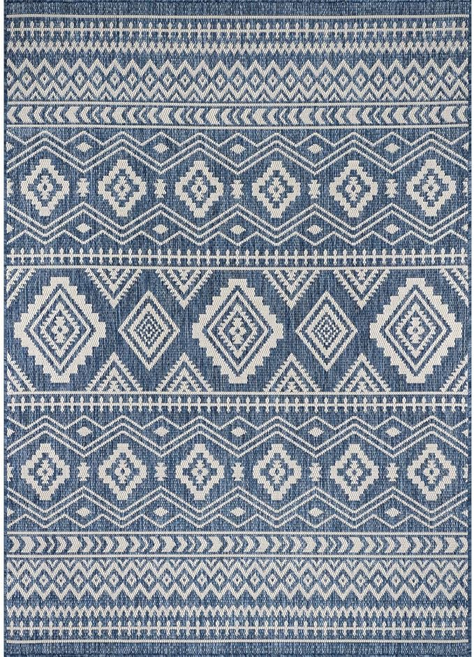 Beverly Rug Waikiki Boho Indoor Outdoor Rug 8x10, Washable Outside Carpet for Patio, Deck, Porch, Bohemian Area Rug, Farmhouse Rugs, Aztec Tribal Rug, Azure and White
