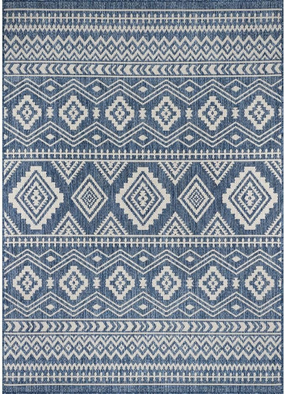 Beverly Rug Waikiki Boho Indoor Outdoor Rug 8x10, Washable Outside Carpet for Patio, Deck, Porch, Bohemian Area Rug, Farmhouse Rugs, Aztec Tribal Rug, Azure and White