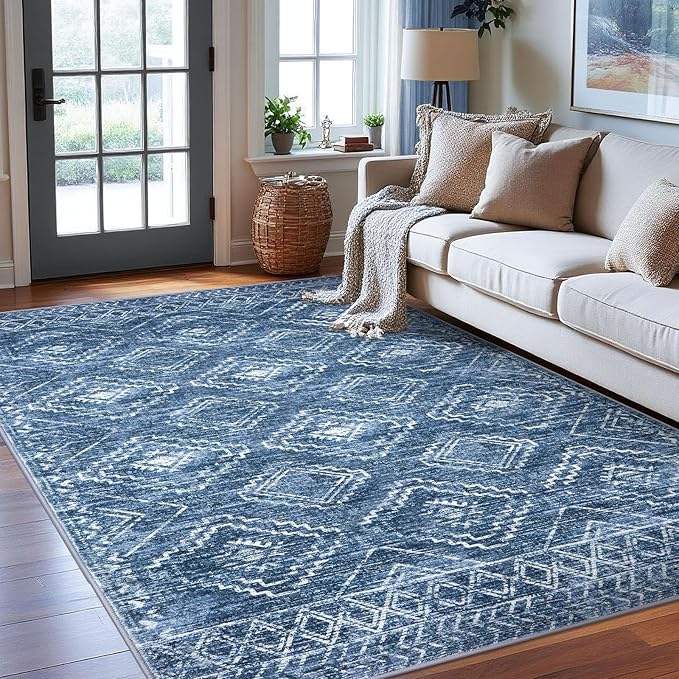 KILOCOCO Living Room Rug 6x9 Area Rug Printed Boho Washable Bedroom Rugs Non Slip Soft Large Moroccan Indoor Rugs for Dining Room Office Farmhouse Geometric Carpet, Stonewashed Blue