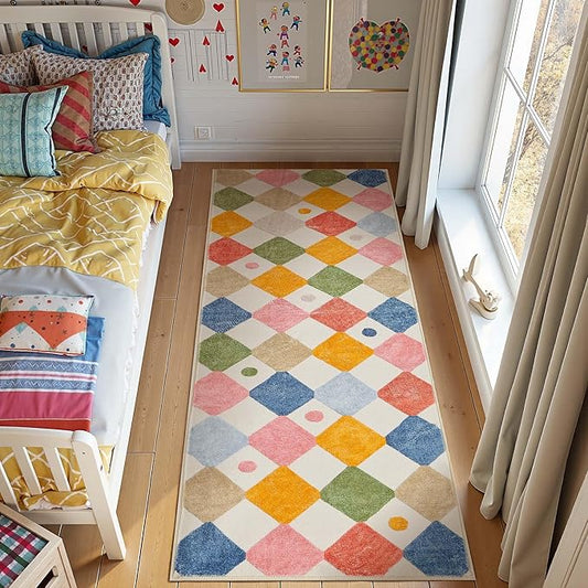 jinchan Macy Runner Rug 2x5 Kids Hallway Washable Rug Indoor Soft Non Slip Modern Diamond Carpet for Nursery Room Bedroom Kitchen Laundry Room Circus on Cream