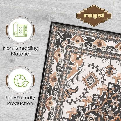 Washable Entryway Rug 3x5 | Non Slip Rug Runners for Hallways, Entryways, Kitchens, Bathrooms, Bedrooms | Ultra-Soft Flannel Carpet Kitchen Rug with Rubber Backing (Black Brown Cream, 3x5)